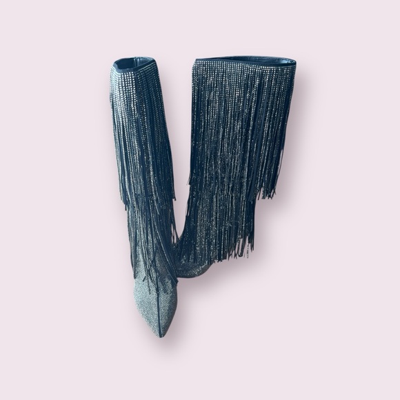 INC International Concept Ishani Black‎ Rhinestone Studded Fringe Boot Size 8M - Picture 3 of 14